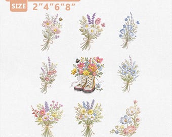 Lentebloemen borduurwerk bundelontwerpen, geborduurde wilde bloemen boeket, borduurwerk wilde bloemen boeket, borduurwerk wilde bloemen, botanisch bloemmotief