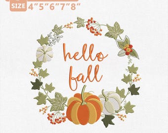 Hallo Herbst Kürbis Kranz Stickdatei, Herbst Blatt Maschinenstickerei, Thanksgiving Shirt Datei Instant Download