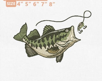 Desenho de bordado de achigã, arquivo para máquina de pesca de achigã, isca de pesca, presente para pescador, download instantâneo para pescadores de lago e rio em formatos PES e DST.