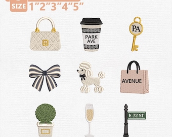 Pacchetto di ricami Park Avenue Chic, disegni per ricamo a macchina di moda newyorkese, icone di lusso per ragazze, stile preppy, download immediato