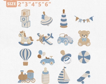 Paquete de diseños de bordado de iconos para bebé niño, bordado de juguetes para bebé, bloques de guardería, sonajero, osito de peluche, tren, avión, coche, velero. Descarga instantánea.