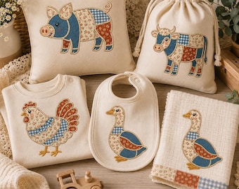 Conjunto de 4 apliques bordados de animales de granja, diseños de patchwork de cerdo, vaca, pollo y pato para máquina de bordar, estilo rústico campestre, descarga instantánea.