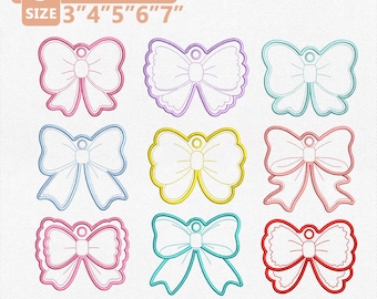 Juego de 9 etiquetas para bolsos con lazo ITH Coquette, llaveros con lazo femenino, diseños de lazos bonitos, bordado a máquina, descarga instantánea.