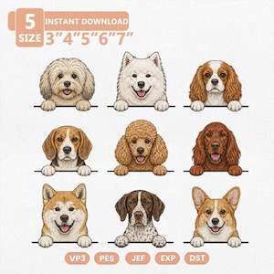 Puede incluir: Un archivo de diseño de bordado digital con nueve razas de perros distintas dispuestas en una cuadrícula. Cada perro se muestra desde el pecho hacia arriba, apoyando sus patas delanteras en una línea horizontal. El texto incluye 5 SIZE 3" 4" 5" 6" 7" y los formatos VP3, PES, JEF, EXP, DST.