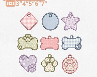 Juego de 9 apliques para etiquetas de bolsos con huellas de perro ITH, archivo de bordado para etiquetas de equipaje para mascotas In The Hoop, etiqueta de nombre en blanco, descarga instantánea.