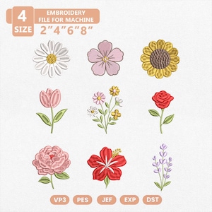 かわいい花の刺繍デザインバンドル、ミニ花柄アイコンセット、デイジー、チューリップ、バラ、ラベンダー、ヒマワリ、春の花、4サイズ、PES/DSTファイル