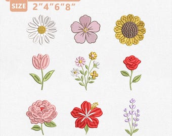 Cute Flower Embroidery Design Bundle, Mini Floral Icons Set Daisy Tulip Rose Lavender Sunflower Spring Flowers, 4 Sizes PES DST Files