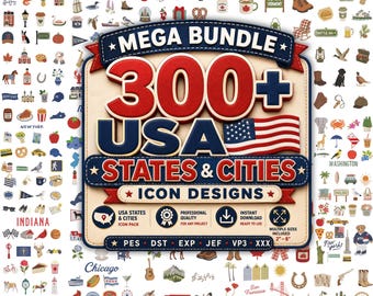MEGA BUNDLE 300+ America States & Cities Icons Embroidery Bundle, American Icons, State Symbols, Travel Machine Designs, USA Mini Icon Set