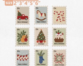Christmas Stamp Embroidery Design Bundle, Vintage Holiday Postage Embroidery File, Festive Christmas Collection,Cozy Winter Instant Download