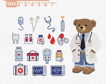 Paquete de diseños de bordado de iconos médicos en miniatura, archivo de bordado de médico y enfermera, bordado a máquina de médico, osito de peluche y enfermera, descarga instantánea sobre el cuidado de la salud.