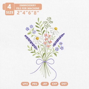 Desenho de Bordado de Buquê de Flores Silvestres, Arquivo de Bordado para Máquina com Arranjo Floral Botânico Colorido, Buquês de Flores de Páscoa em um Prado Floral
