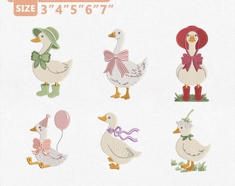 Cute Silly Goose Embroidery Design Bundle, Goose With Bow Machine File, Cottagecore Farm Animal, Coquette Design Instant Download PES DST