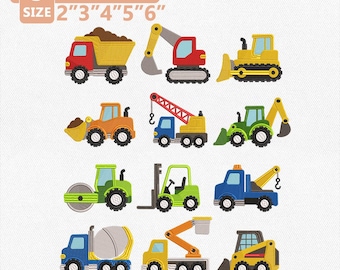 Paquete de bordado de vehículos de construcción en miniatura, bordado a máquina de vehículos de construcción, camión, excavadora, tractor, retroexcavadora, descarga instantánea.