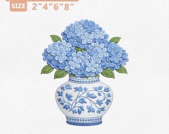 Desenho de bordado à máquina de vaso de hortênsias, padrão de flores azuis e brancas, bordado de hortênsias em estilo chinês, bordado de jarro de gengibre com hortênsias