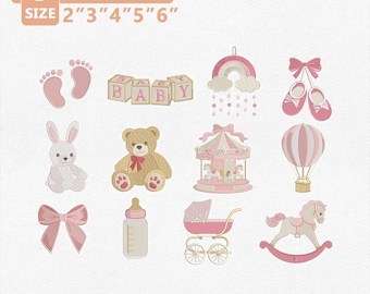 Pacchetto di disegni per ricamo a macchina per giocattoli da bambina Coquettecore, collezione di decorazioni rosa per la cameretta, file per ricamo a macchina per baby shower, download immediato.