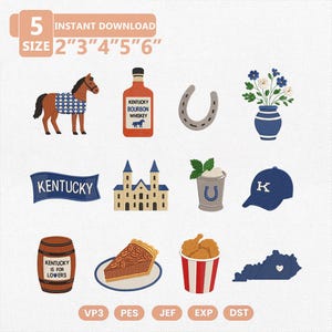 May include: A digital embroidery design set featuring eleven Kentucky-themed icons including a horse, bourbon bottle, horseshoe, flowers, Kentucky banner, building, mint julep, baseball cap, barrel, pie, fried chicken, and state map.