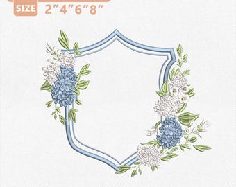 Floral Crest Monogram Embroidery Design, Elegant Shield Frame with Blue Hydrangea Flowers, Vintage Initial Frame, 4 Sizes PES DST Files
