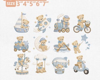 Paquete de diseños de bordado de ositos de peluche vintage, colección de ositos de peluche para la habitación del bebé, iconos de animales neutros para baby shower, descarga instantánea.
