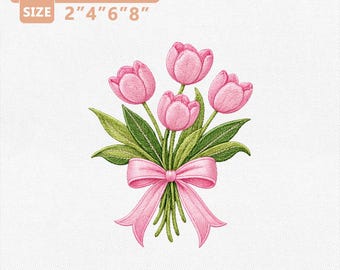 Rosa Tulpenblume Stickdatei, Frühling Blumen Stickdatei, Blumenstrauß mit Band-Stickmuster, Tulpe Stickdatei