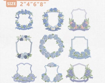 Blue Hydrangea Flower Wedding Crest Bundle, Floral Monogram Embroidery File, Blue Floral Hydrangea Crest, Blue Hydrangea Embroidery File