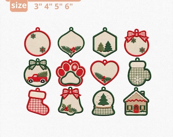 ITH Christmas Ornament Embroidery Design Bundle, 12 Applique Patterns, Holiday Tree Decor, Gift Tags, Digital Machine Embroidery Files
