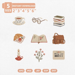 May include: A collection of nine machine embroidery designs featuring a floral teacup, round glasses, a stack of books, a croissant with jam, an open book with roses, a brown satchel, a lit candle, pink flowers, and a library card with text.
