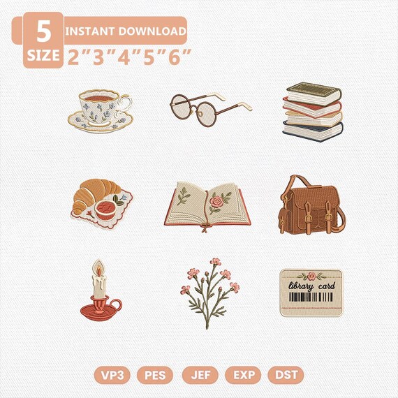 Poetcore Embroidery Design Bundle, Bookish Aesthetic Embroidery Files, Tea Cup Books Glasses Library Card Candle Floral Instant Download