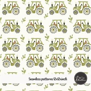 Pode incluir: Padrão aquarela repetitivo com tratores verde-oliva com rodas cinzentas e detalhes vermelhos, intercalados com raminhos de folhas verdes. O texto "Seamless patterns 12x12xinch" é exibido. O design se repete.