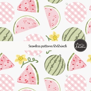 Pode incluir: Padrão aquarela sem costura com fatias de melancia, melancias inteiras, flores amarelas e círculos rosa xadrez em fundo branco. O texto "Seamless patterns 12x12inch" é exibido. Design de Decollors.