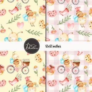 Pode incluir: Padrão aquarela repetido com abelhas, biscoitos, potes de mel e uma abelha em uma bicicleta rosa. O design inclui corações, flores e um fundo xadrez rosa e branco. O texto "12x12 inches" é visível.