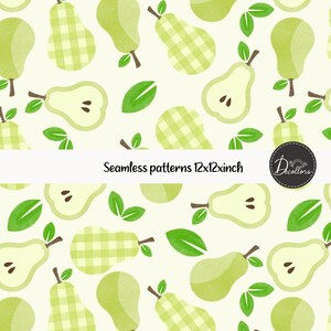 Pode incluir: Padrão sem costura com peras verdes, caules castanhos e folhas verdes sobre um fundo creme. Algumas peras têm um padrão xadrez. O texto "Seamless patterns 12x12inch" está na parte inferior.