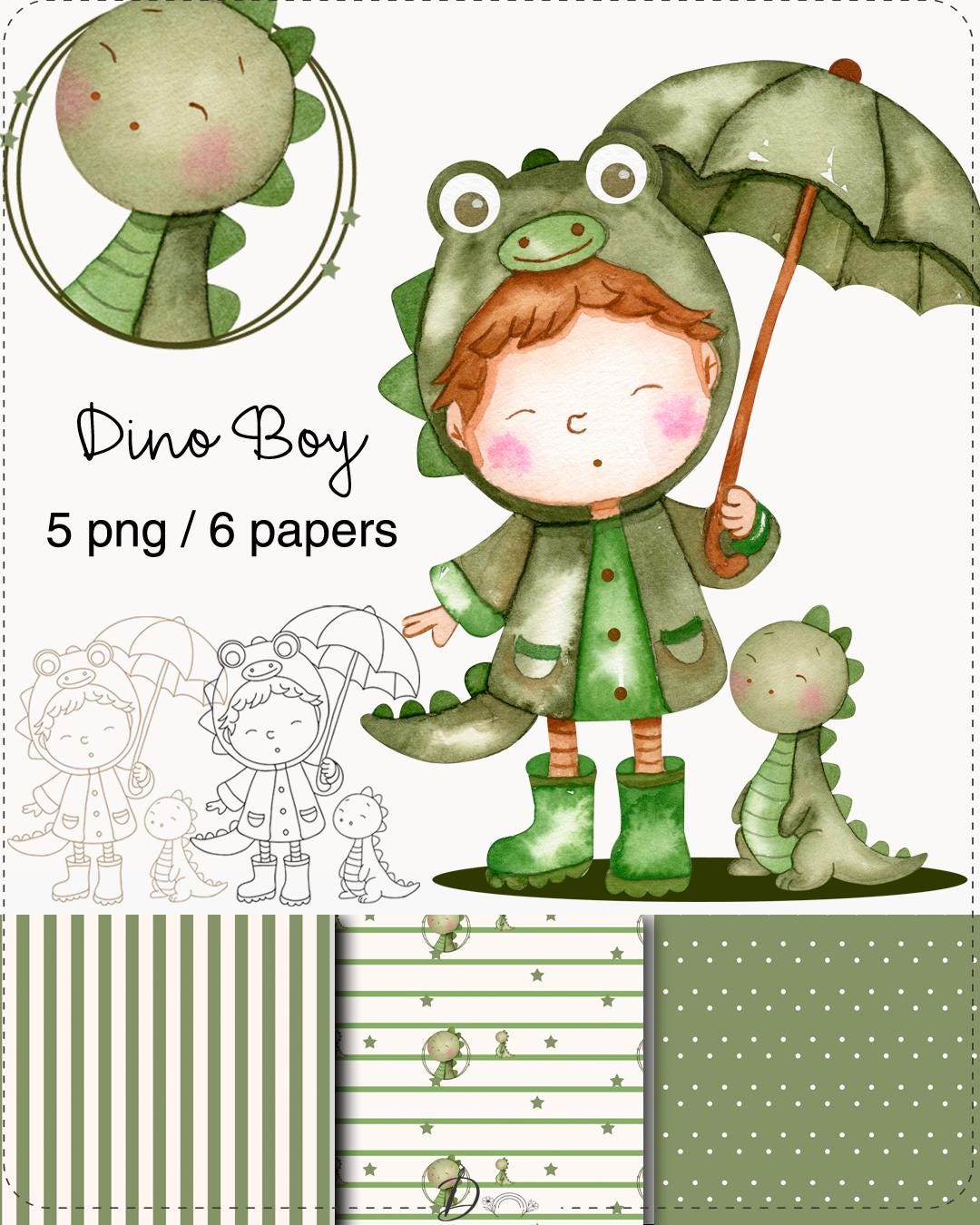 Cute Dinosaur Clipart PNG Bundle – Baby Dino Watercolor Illustration ...