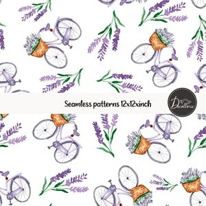 Pode incluir: Padrão sem costura em aquarela com ramos de lavanda e bicicletas com cestos de lavanda. As bicicletas são roxas claras com cestos castanhos. O texto "Seamless patterns 12x12inch" está na parte inferior.