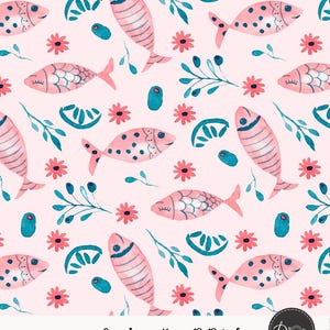 Pode incluir: Padrão aquarela com peixes rosa com bolinhas e listras azuis, intercalados com flores rosa, folhas turquesas e formas ovais turquesas sobre um fundo rosa claro. O texto "Seamless patterns 12x12 inch" está na parte inferior.
