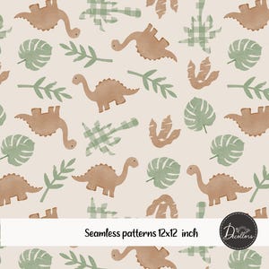 Pode incluir: Um padrão sem costura com dinossauros castanhos, folhas verdes e xadrezes sobre um fundo creme. O design inclui pegadas de dinossauros e o texto "Seamless patterns 12x12 inch".