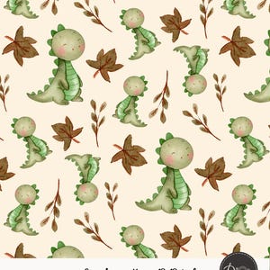 Cute Dinosaur Seamless Pattern, Watercolor Dino Nursery Digital Paper, Woodland Baby Boy Fabric Design, fall Leaves Nature, Baby Shower Art