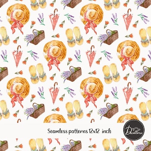 Pode incluir: Padrão aquarela sem costura com chapéu de palha com laço rosa, cesta de lavanda, guarda-chuva rosa e sandálias amarelas. O padrão repete-se em fundo branco. O texto "Seamless patterns 12x12 inch" é visível.