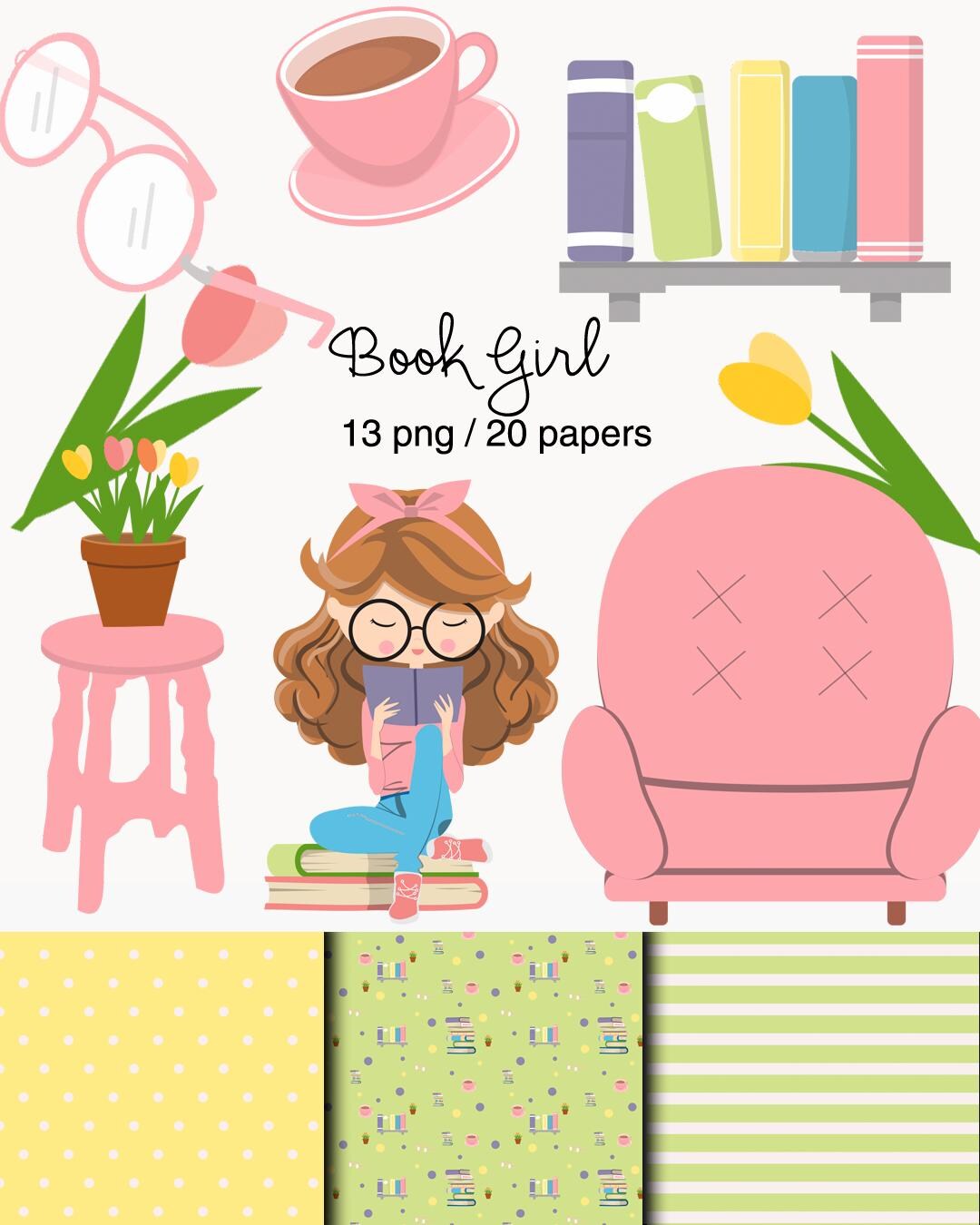 Book Girl Clipart Bundle, Reading Girl Vector, Book Lover PNG SVG, Cute ...