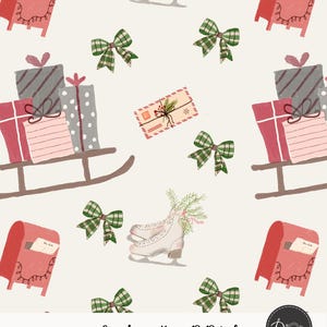 Vintage Christmas Seamless Pattern, Letters to Santa, Pink Gifts, Red Mailbox, Green Plaid Bows, Christmas Digital Paper, commercial use