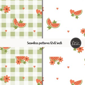 Pode incluir: Quatro padrões sem costura com fatias de melancia, flores laranja e corações vermelhos. Dois padrões têm um fundo xadrez verde e branco, os outros dois têm um fundo branco. O texto "Seamless patterns 12x12 inch" é exibido.