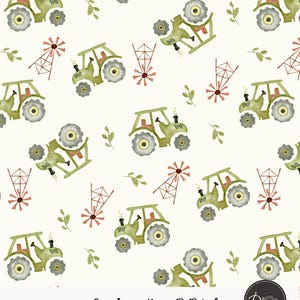 Pode incluir: Um padrão contínuo com ilustrações em aguarela de tratores verdes, moinhos de vento vermelhos e pequenos ramos verdes sobre um fundo creme. O texto "Seamless patterns 12x12 inch" e um logótipo "Decollors" estão na parte inferior.