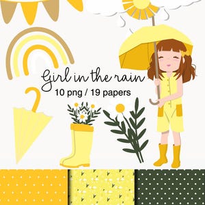 Girl in the Rain Clipart Bundle PNG 300 DPI, Yellow Umbrella Graphics Set, Spring Kids Illustration, Digital Paper Pack, Instant Download