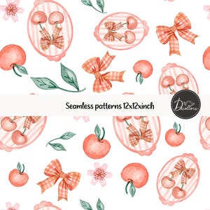 Pode incluir: Padrão sem costura em aquarela com cerejas, laços e elementos florais em tons de rosa e pêssego sobre fundo branco. O design inclui molduras ovais com cerejas e laços, cerejas individuais, laços, folhas e flores. O texto "Seamless patterns 12x12inch" também está incluído.