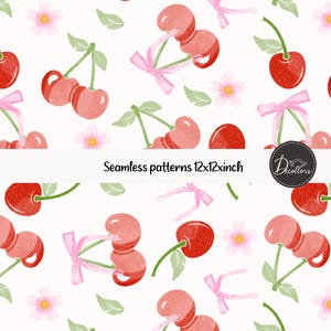 Pode incluir: Padrão sem costura em aquarela com cerejas vermelhas, caules verdes, laços rosa, pequenas flores rosa e folhas verdes sobre fundo branco. O texto "Seamless patterns 12x12inch" é visível. Adequado para diversas aplicações de design.