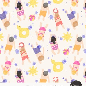 Pode incluir: Um padrão contínuo com ilustrações em aguarela de pessoas a nadar, sóis amarelos, bolas de praia e boias amarelas sobre um fundo creme. O texto Seamless patterns 12x12 inch é visível na parte inferior.