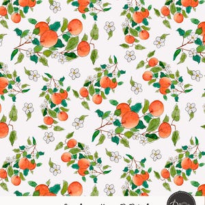 Pode incluir: Padrão aquarela sem costura com laranjas, folhas verdes e flores brancas sobre fundo branco. O design apresenta ramos de laranjas e flores. O texto "Seamless patterns 12x12 inch" é visível.