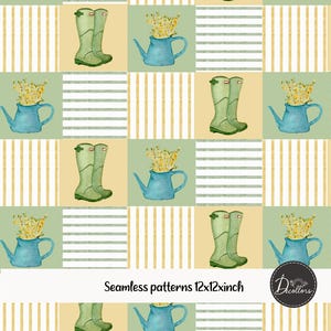 Pode incluir: Padrão repetitivo com ilustrações em aquarela de regadores azuis com flores amarelas, galochas verdes e fundos listrados. O texto "Seamless patterns 12x12inch" é exibido. O design é uma mistura de quadrados e listras.