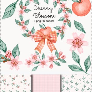 Watercolor Cherry Blossom Clipart Bundle,Pink Gingham Digital Paper Set,Nursery Floral,Baby Girl Birthday Clipart,Spring Blossom Pattern,