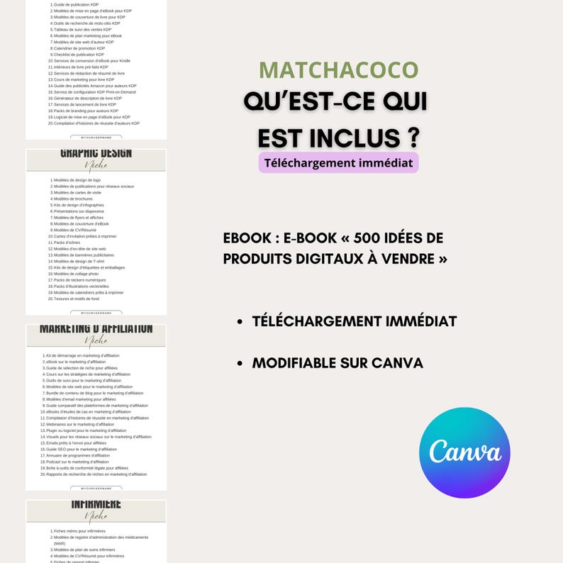 May include: A digital product listing with the text "MATCHACOCO QU'EST-CE QUI EST INCLUS?" and "EBOOK: E-BOOK << 500 ID&Eacute;ES DE PRODUITS DIGITAUX &Agrave; VENDRE >>". The listing includes sections on Graphic Design, Marketing & Affiliation, and Infirmi&egrave;re.