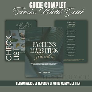 Peut inclure: Un guide de marketing numérique intitulé "Faceless Wealth Guide" sur fond vert foncé. Le guide comprend des listes de contrôle et des conseils marketing. Le texte "Faceless Marketing Guide" est bien en évidence.